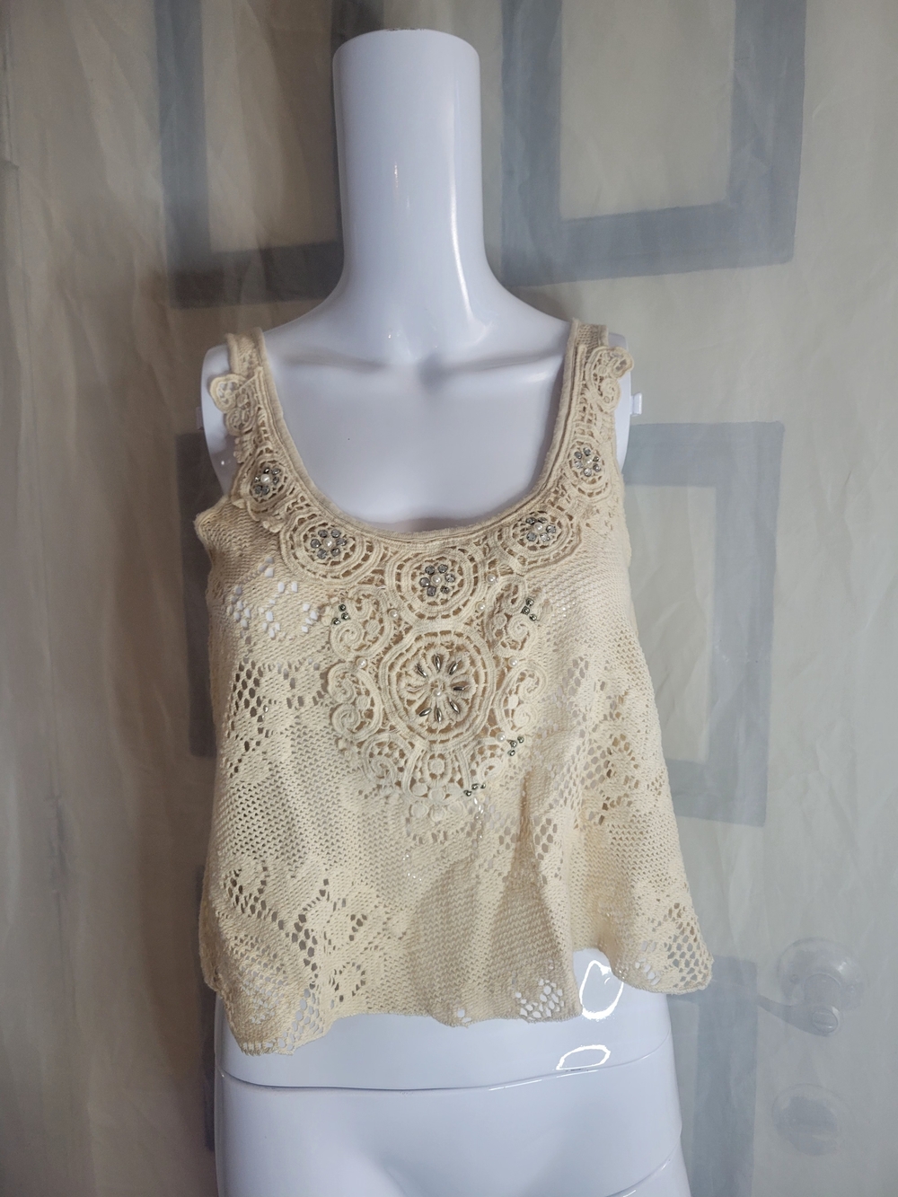 Crochet Lace Scoop Neck Tank Top - Cream